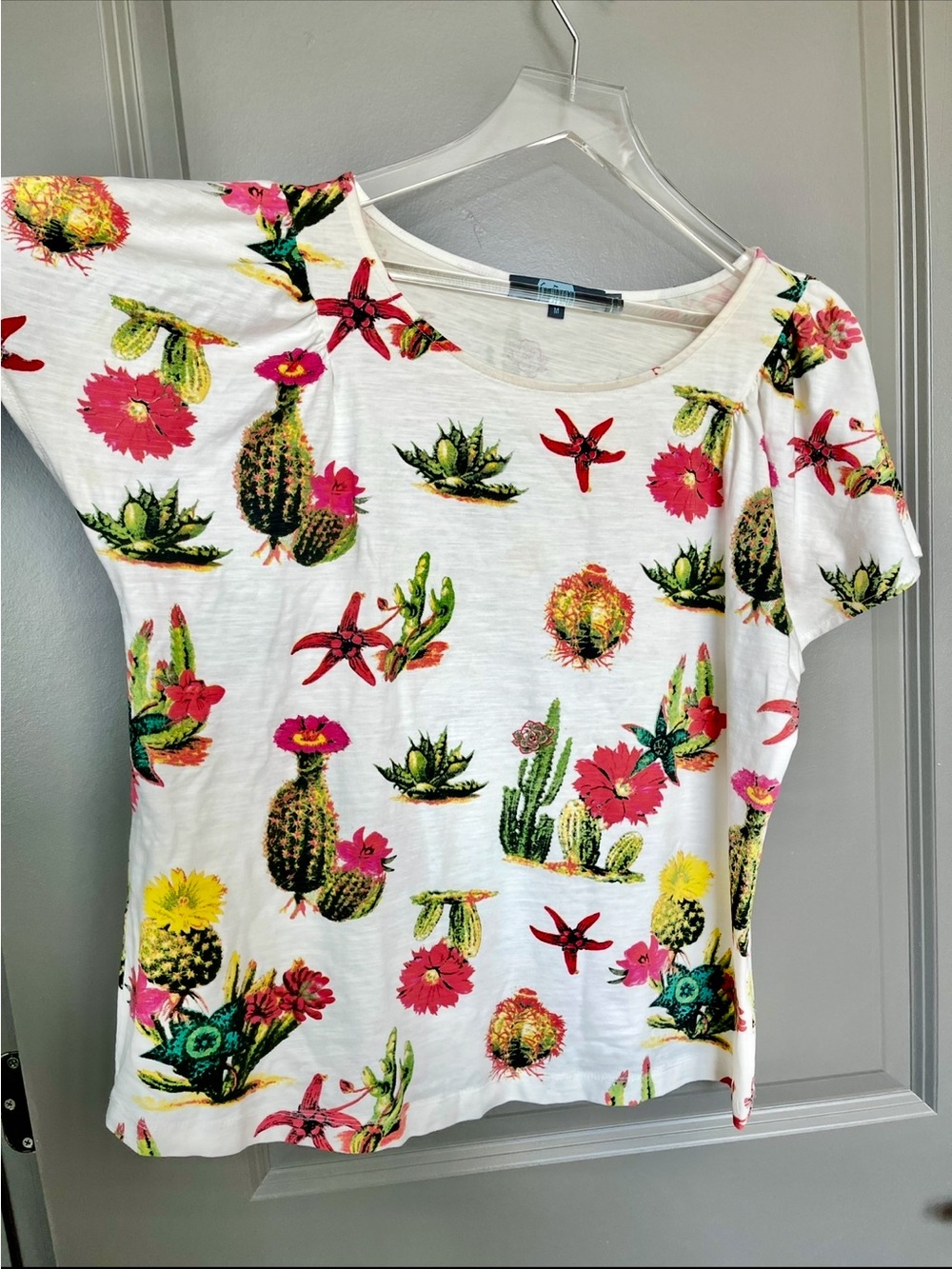 Eva Franco White Tee with Pink, Green & Yellow Cactus Print